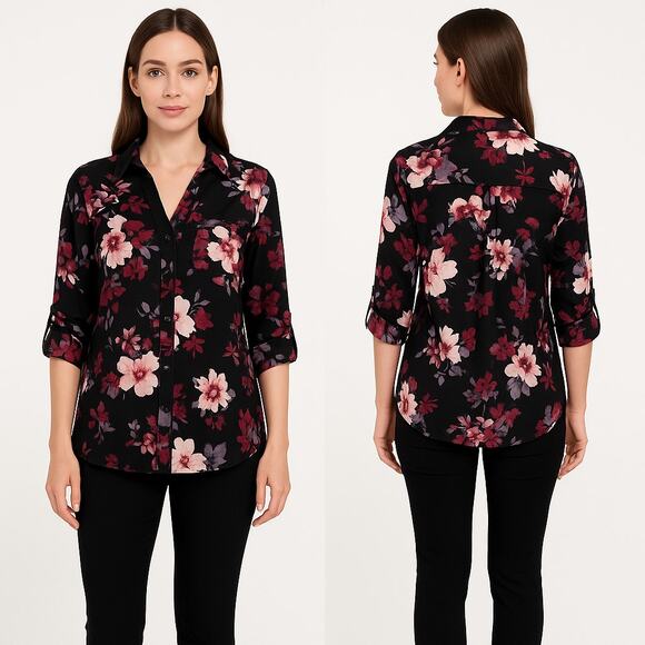 A. Byer Floral Button Front Womens Blouse Medium Black Pink Purple Preppy - Picture 1 of 10